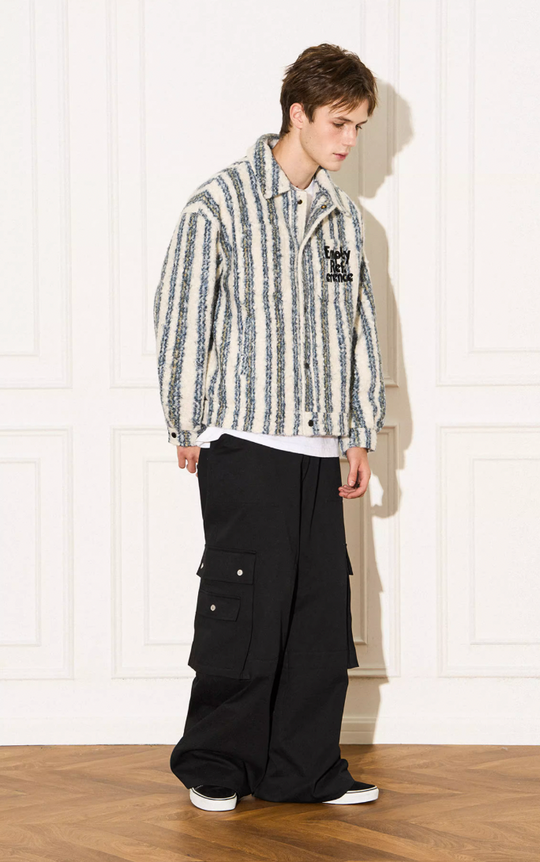 EMPTY REFERENCE Striped Plush Pocket Embroidery Tweed Jacket