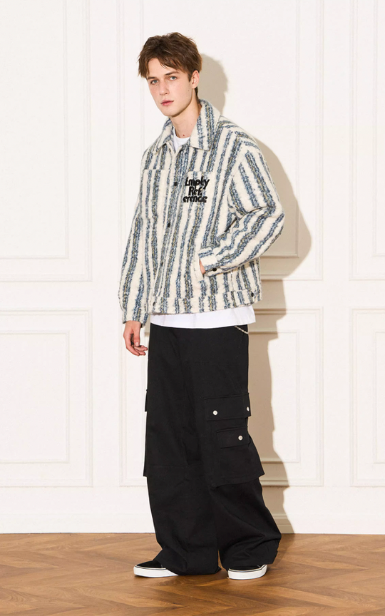 EMPTY REFERENCE Striped Plush Pocket Embroidery Tweed Jacket