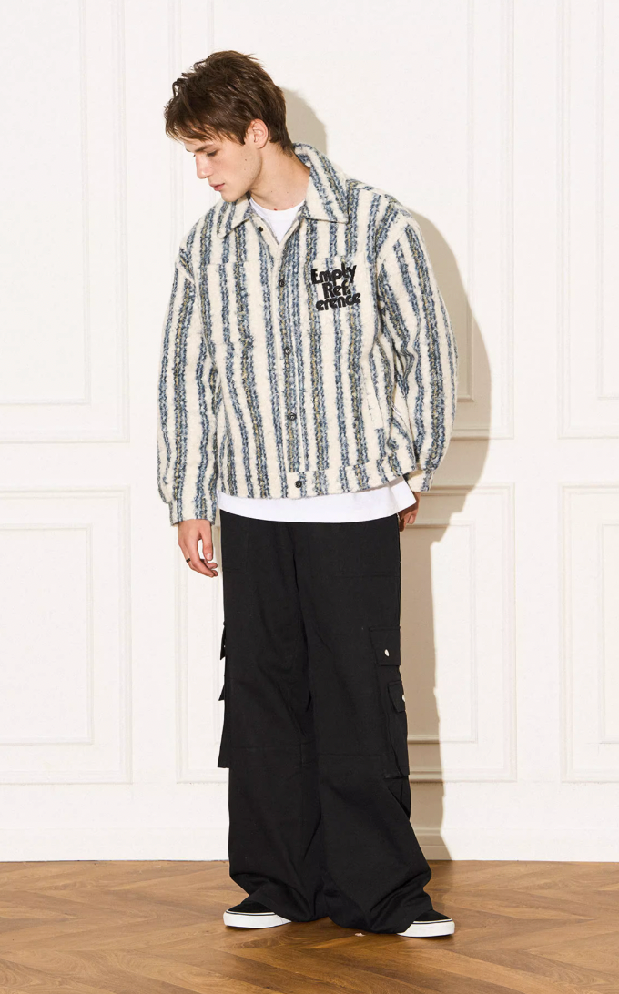 EMPTY REFERENCE Striped Plush Pocket Embroidery Tweed Jacket