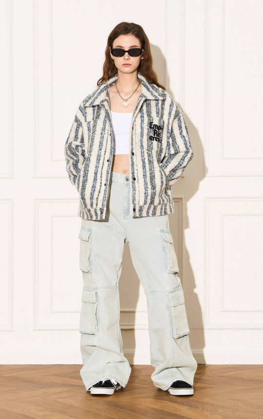 EMPTY REFERENCE Striped Plush Pocket Embroidery Tweed Jacket
