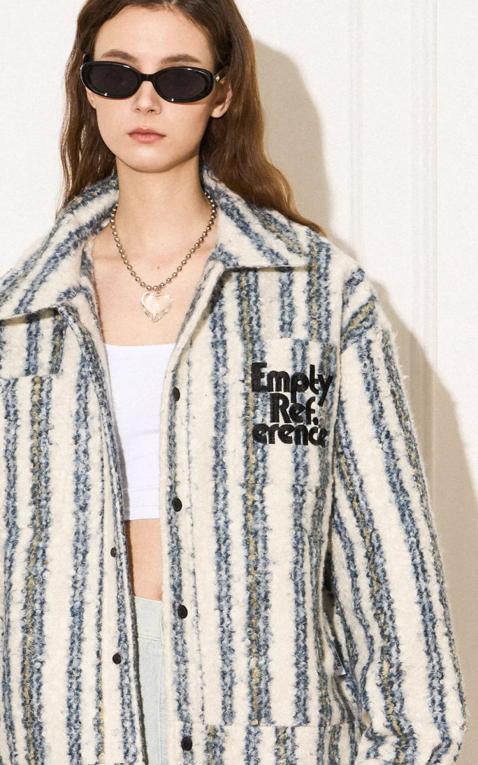 EMPTY REFERENCE Striped Plush Pocket Embroidery Tweed Jacket