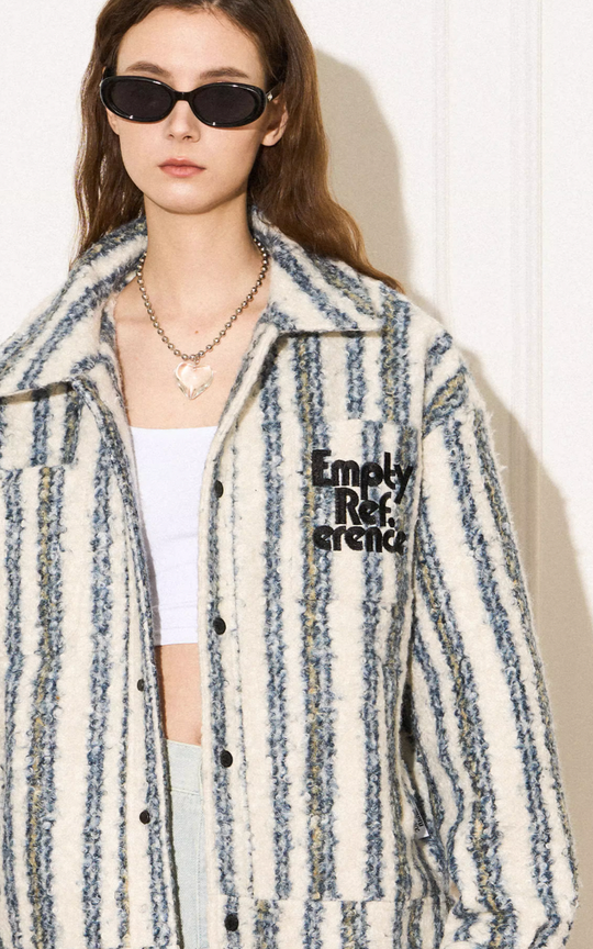 EMPTY REFERENCE Striped Plush Pocket Embroidery Tweed Jacket