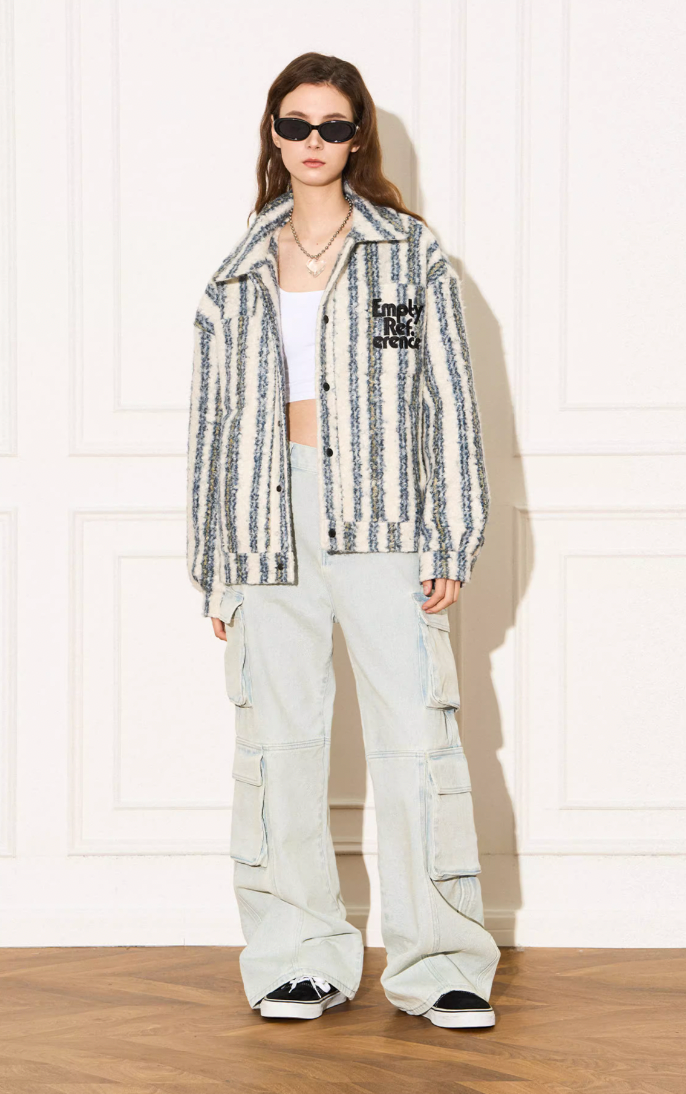 EMPTY REFERENCE Striped Plush Pocket Embroidery Tweed Jacket