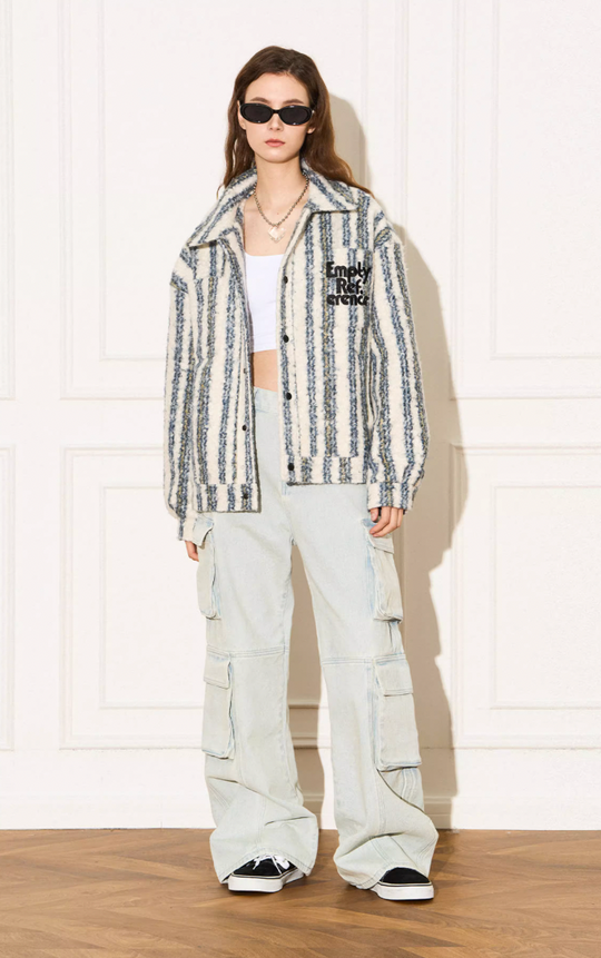 EMPTY REFERENCE Striped Plush Pocket Embroidery Tweed Jacket