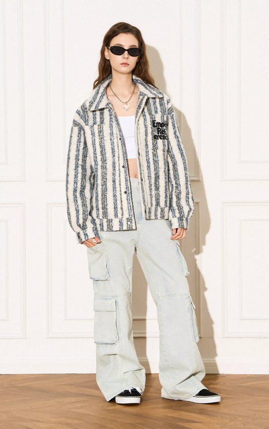 EMPTY REFERENCE Striped Plush Pocket Embroidery Tweed Jacket