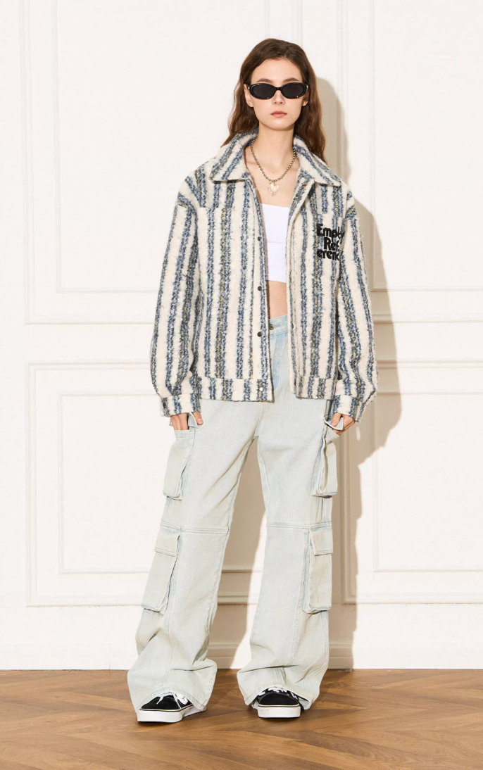 EMPTY REFERENCE Striped Plush Pocket Embroidery Tweed Jacket