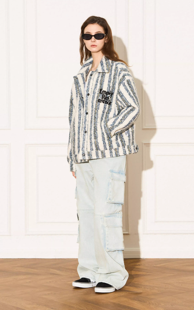 EMPTY REFERENCE Striped Plush Pocket Embroidery Tweed Jacket