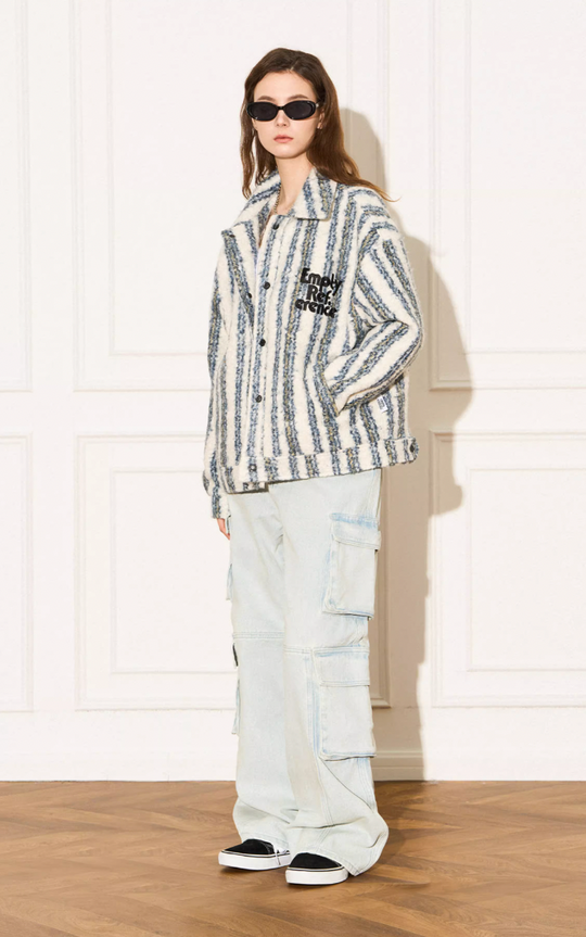 EMPTY REFERENCE Striped Plush Pocket Embroidery Tweed Jacket