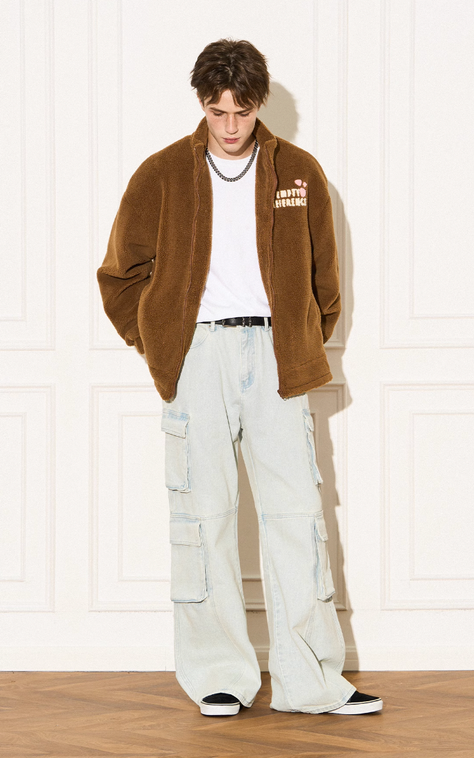 EMPTY REFERENCE Heart Embroidery Fleece Zipper Jacket