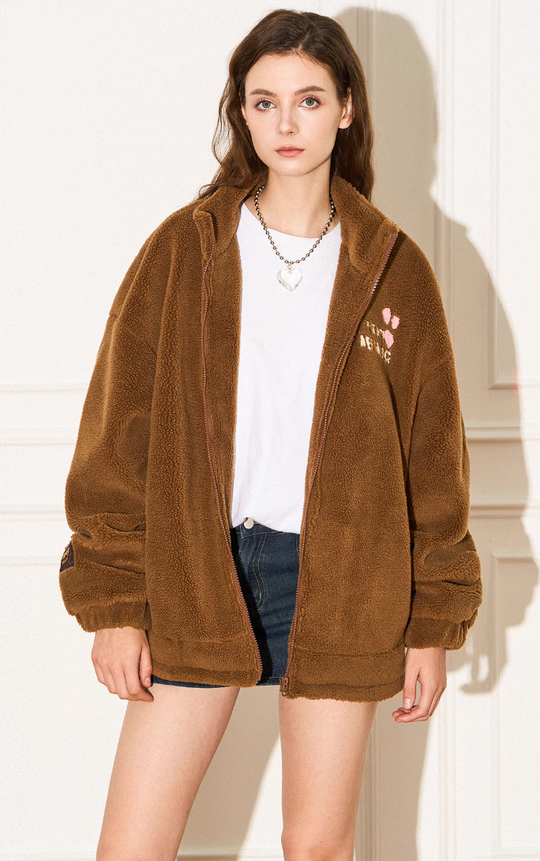 EMPTY REFERENCE Heart Embroidery Fleece Zipper Jacket