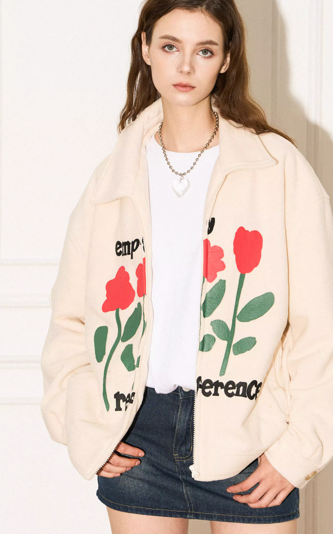 EMPTY REFERENCE Floral Printed Fleece Zipper Jacket