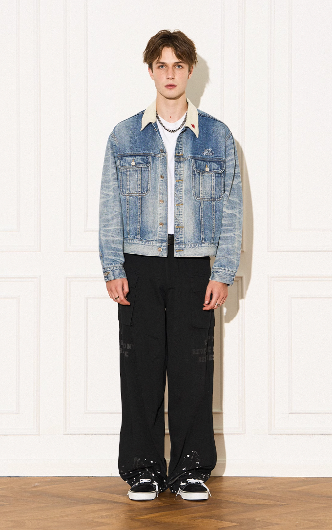 EMPTY REFERENCE Storm Rider Patchwork Corduroy Short Denim Jacket