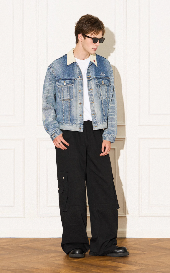 EMPTY REFERENCE Storm Rider Patchwork Corduroy Short Denim Jacket