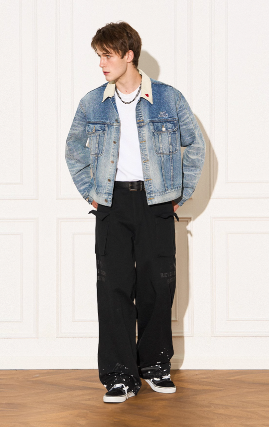 EMPTY REFERENCE Storm Rider Patchwork Corduroy Short Denim Jacket