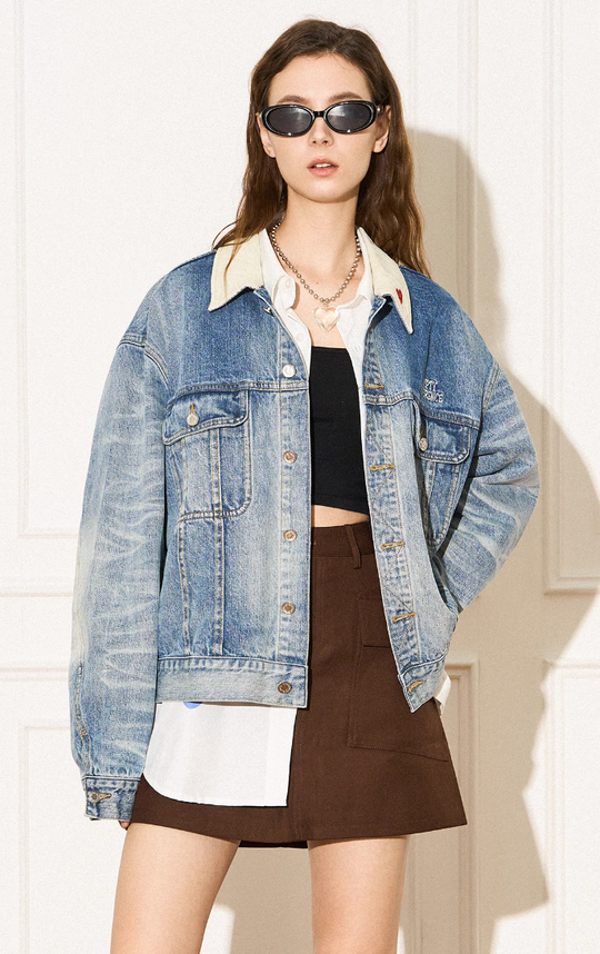 EMPTY REFERENCE Storm Rider Patchwork Corduroy Short Denim Jacket