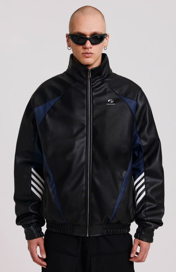 ANTIDOTE Embroidered Color Blocked Vintage Sport Leather Jacket