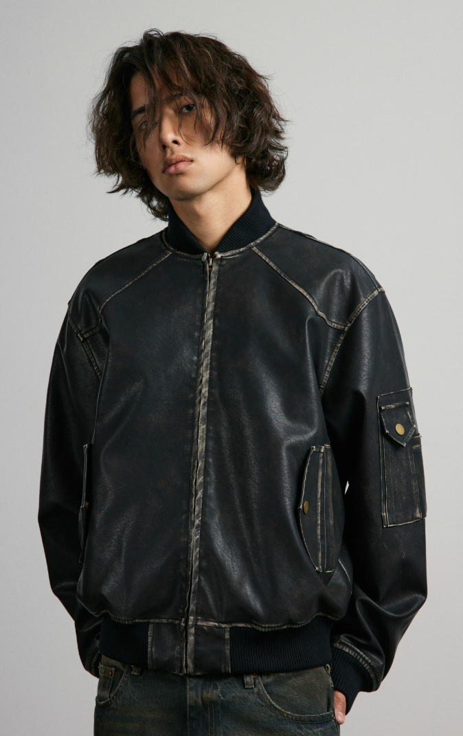 ANTIDOTE Vintage Washed Brushed Leather Bomber Jacket