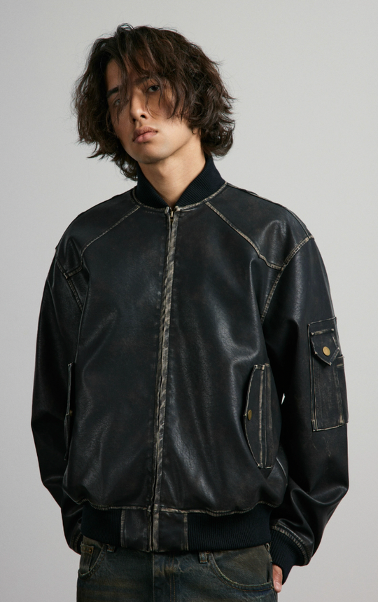 ANTIDOTE Vintage Washed Brushed Leather Bomber Jacket