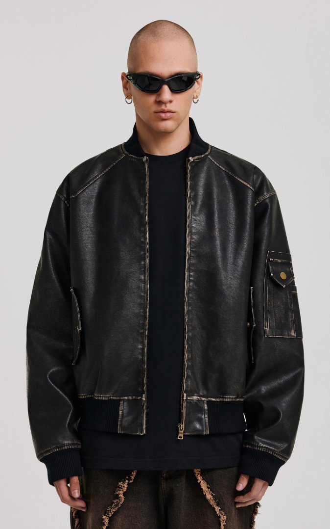 ANTIDOTE Vintage Washed Brushed Leather Bomber Jacket