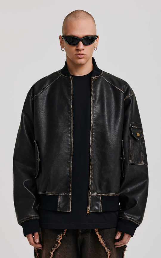 ANTIDOTE Vintage Washed Brushed Leather Bomber Jacket