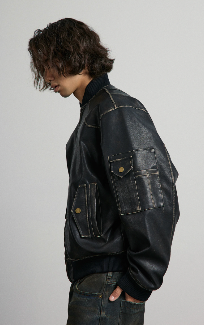 ANTIDOTE Vintage Washed Brushed Leather Bomber Jacket