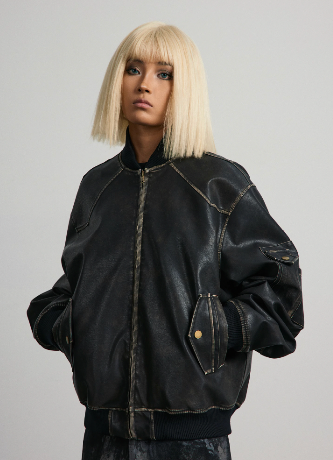 ANTIDOTE Vintage Washed Brushed Leather Bomber Jacket