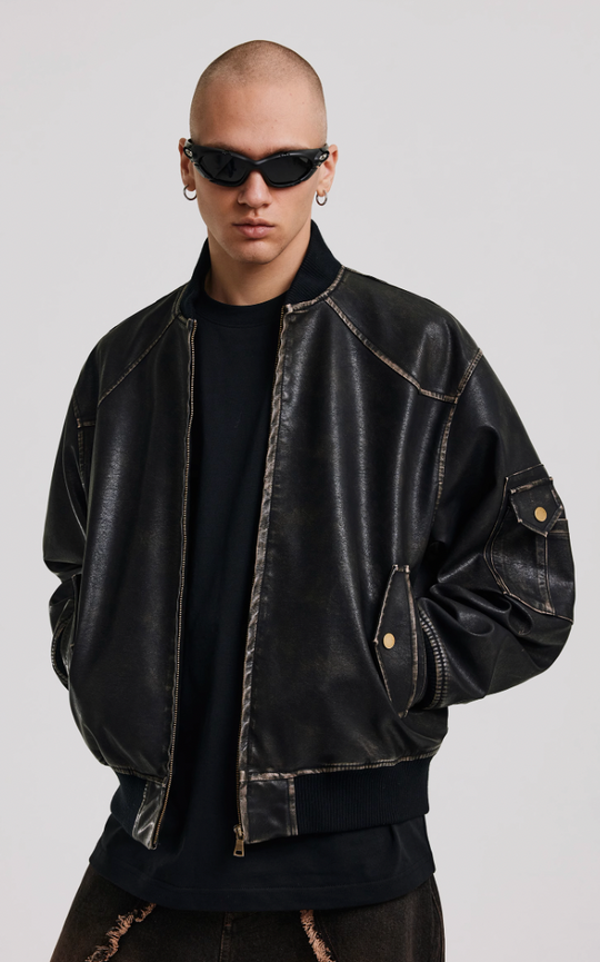 ANTIDOTE Vintage Washed Brushed Leather Bomber Jacket