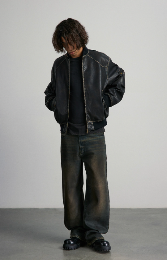 ANTIDOTE Vintage Washed Brushed Leather Bomber Jacket