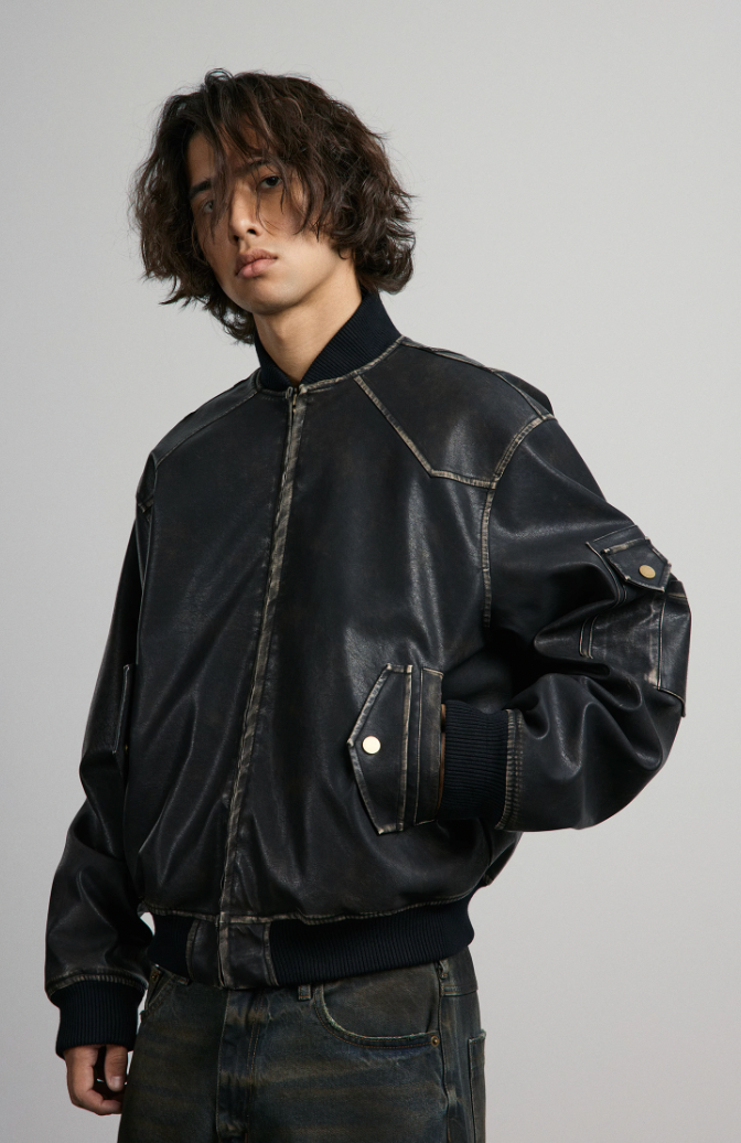 ANTIDOTE Vintage Washed Brushed Leather Bomber Jacket