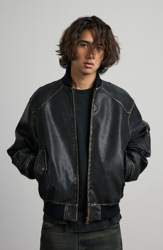 ANTIDOTE Vintage Washed Brushed Leather Bomber Jacket