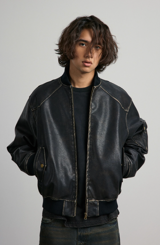 ANTIDOTE Vintage Washed Brushed Leather Bomber Jacket