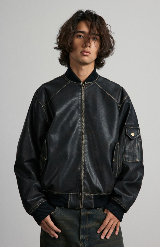 ANTIDOTE Vintage Washed Brushed Leather Bomber Jacket