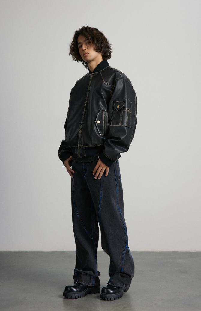 ANTIDOTE Vintage Washed Brushed Leather Bomber Jacket