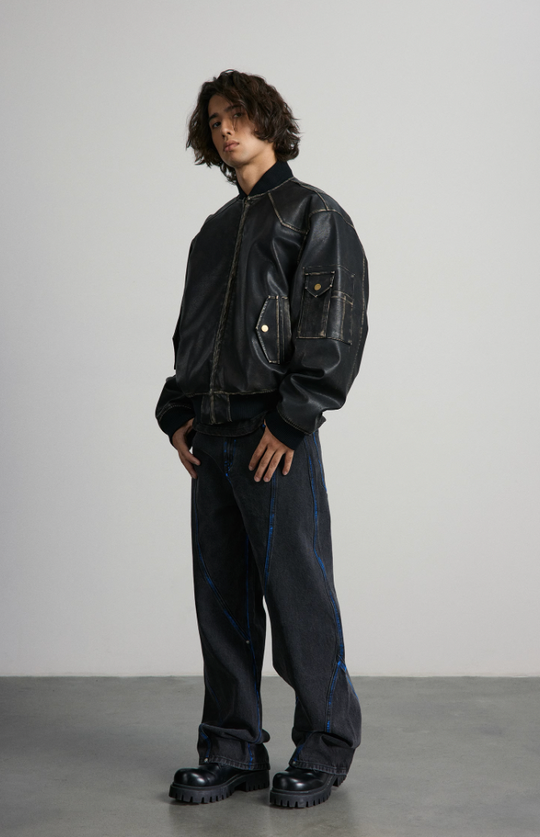 ANTIDOTE Vintage Washed Brushed Leather Bomber Jacket