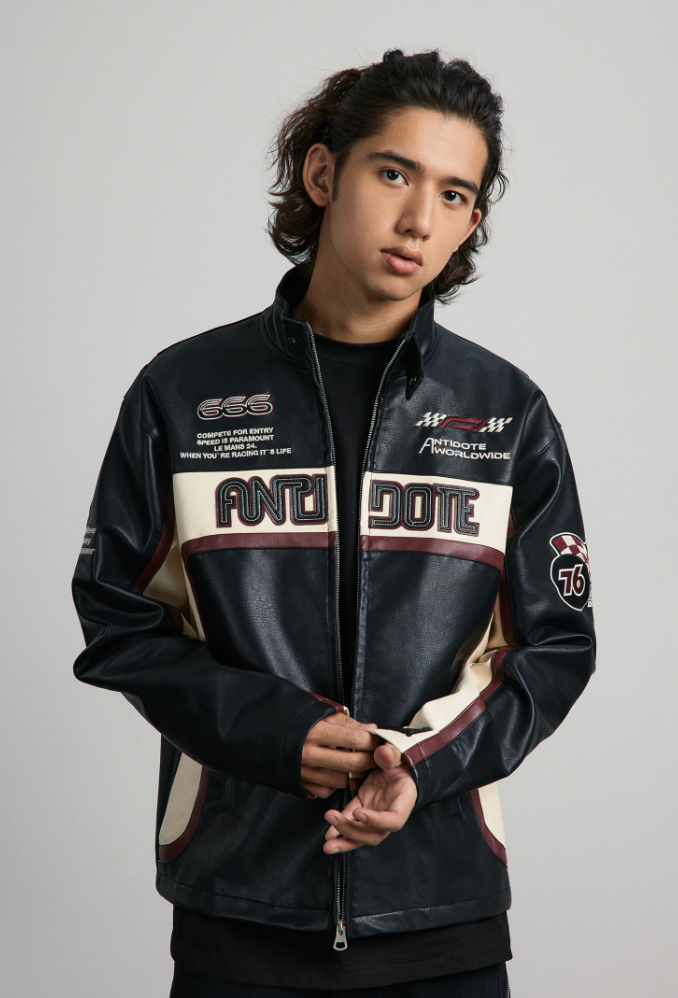 ANTIDOTE Embroidered Label Color Blocked Biker Leather Jacket