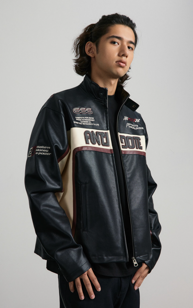 ANTIDOTE Embroidered Label Color Blocked Biker Leather Jacket