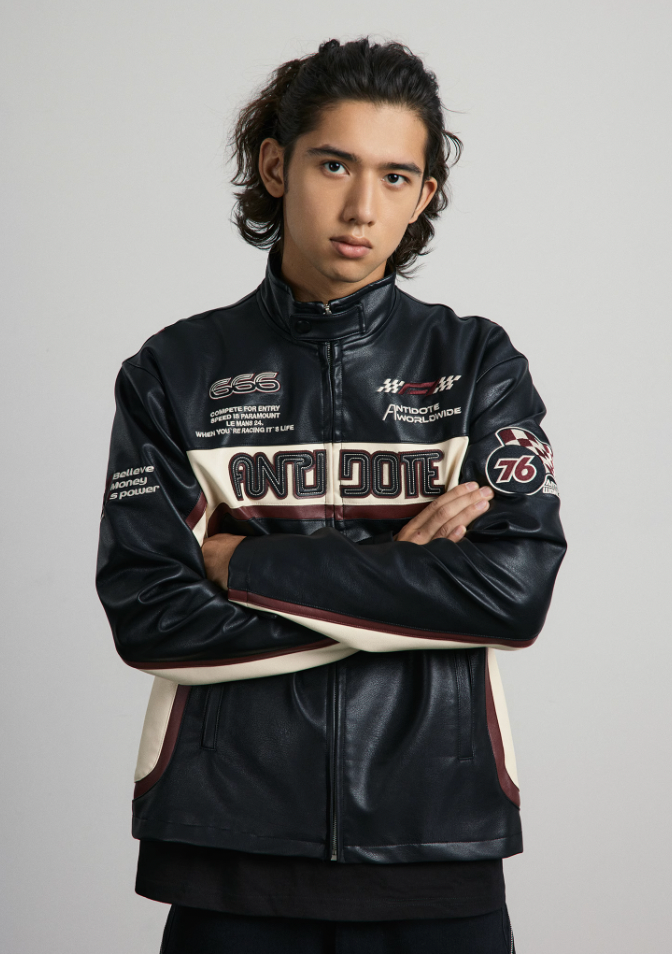 ANTIDOTE Embroidered Label Color Blocked Biker Leather Jacket