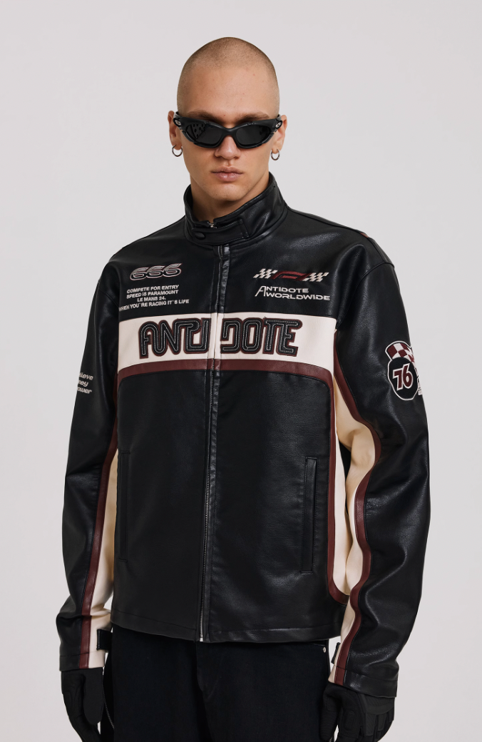 ANTIDOTE Embroidered Label Color Blocked Biker Leather Jacket