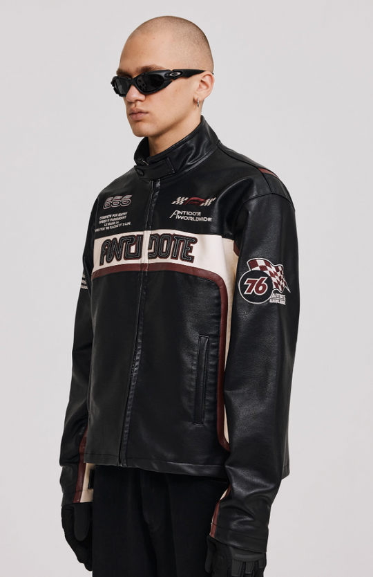 ANTIDOTE Embroidered Label Color Blocked Biker Leather Jacket