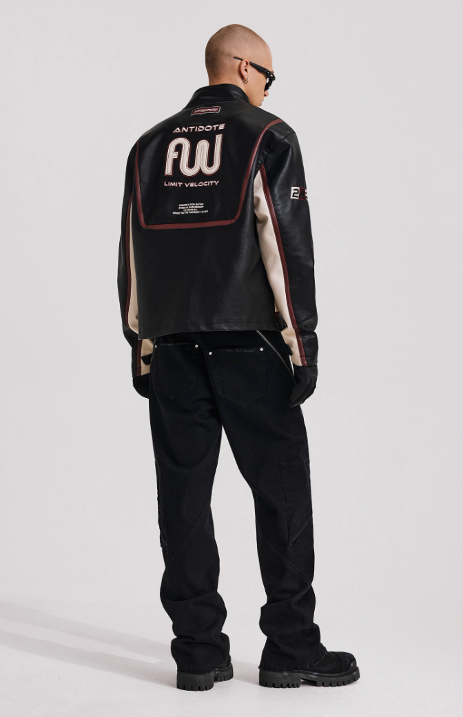 ANTIDOTE Embroidered Label Color Blocked Biker Leather Jacket