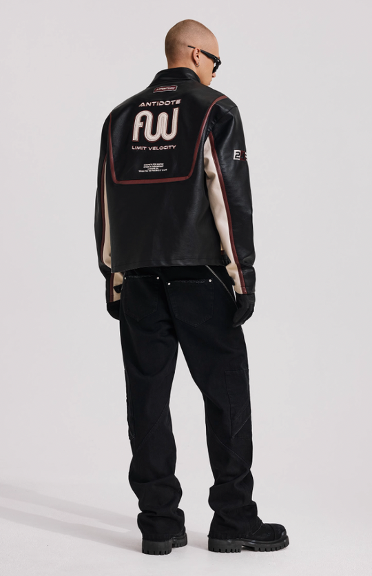 ANTIDOTE Embroidered Label Color Blocked Biker Leather Jacket