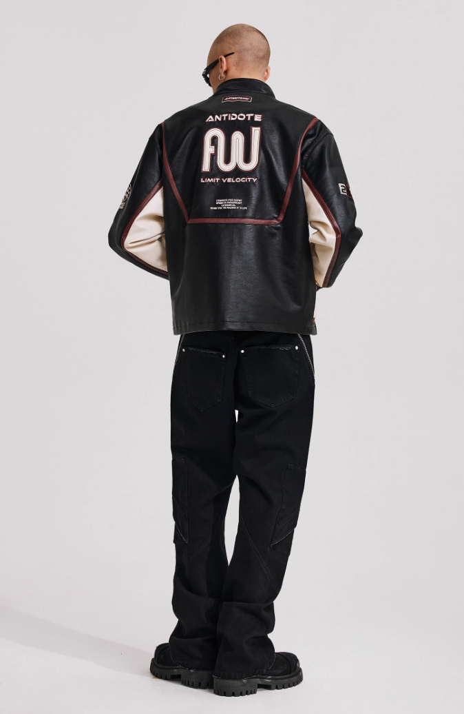 ANTIDOTE Embroidered Label Color Blocked Biker Leather Jacket