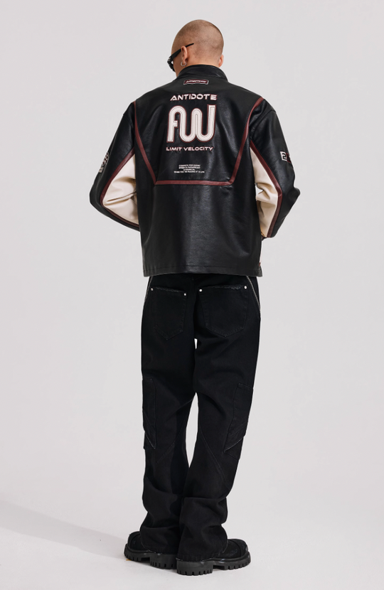 ANTIDOTE Embroidered Label Color Blocked Biker Leather Jacket