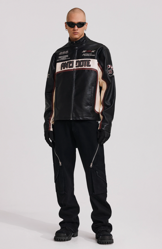 ANTIDOTE Embroidered Label Color Blocked Biker Leather Jacket