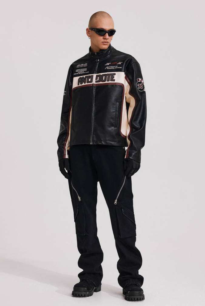 ANTIDOTE Embroidered Label Color Blocked Biker Leather Jacket