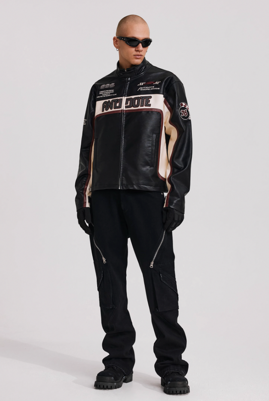 ANTIDOTE Embroidered Label Color Blocked Biker Leather Jacket