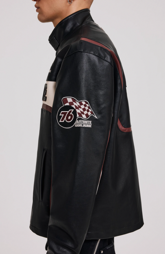 ANTIDOTE Embroidered Label Color Blocked Biker Leather Jacket