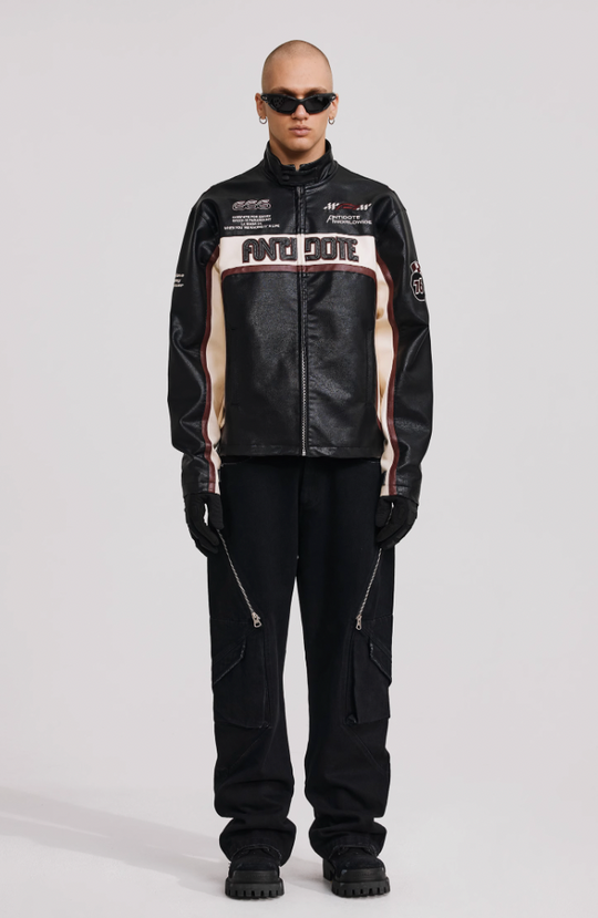 ANTIDOTE Embroidered Label Color Blocked Biker Leather Jacket