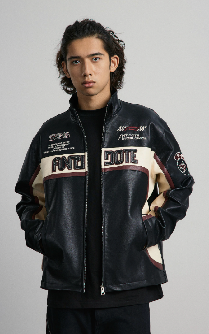 ANTIDOTE Embroidered Label Color Blocked Biker Leather Jacket