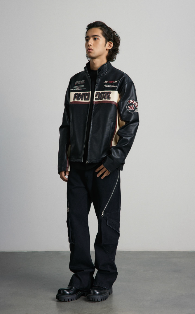 ANTIDOTE Embroidered Label Color Blocked Biker Leather Jacket